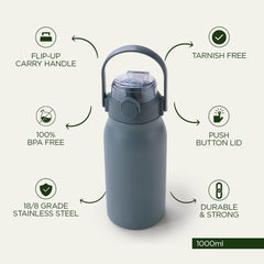 Homestic Water Bottle | Vacuum Insulated Travel Bottle | Hot & Cold Water Bottle | Sipper Lid & Handle Water Bottle | 1000 ML | HH-22111B | Blue