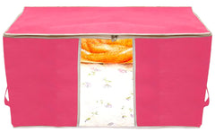 Kuber Industries Foldable Non Woven Clothes Storage Bag Wardrobe Organizer Underbed Bag With Tranasparent Window- Pack of 3 (Pink)-HS43KUBMART26731