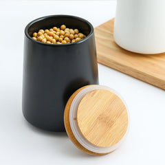 Urbane Home Ceramic Jar | Food Storage Jar | Kitchen Storage Jar | Round Jar for Home | Sugar Storage Jar | Airtight Bamboo Lid | YX04-3-BK | 3 Piece Set | 500 | 700 | 850 ML | Black