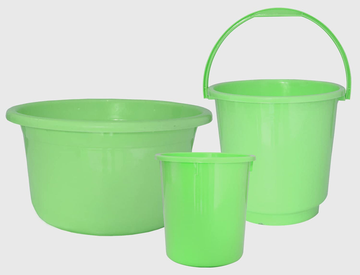 Kuber Industries 3 Pieces Plastic Bucket, Dustbin & Tub Set (Green)