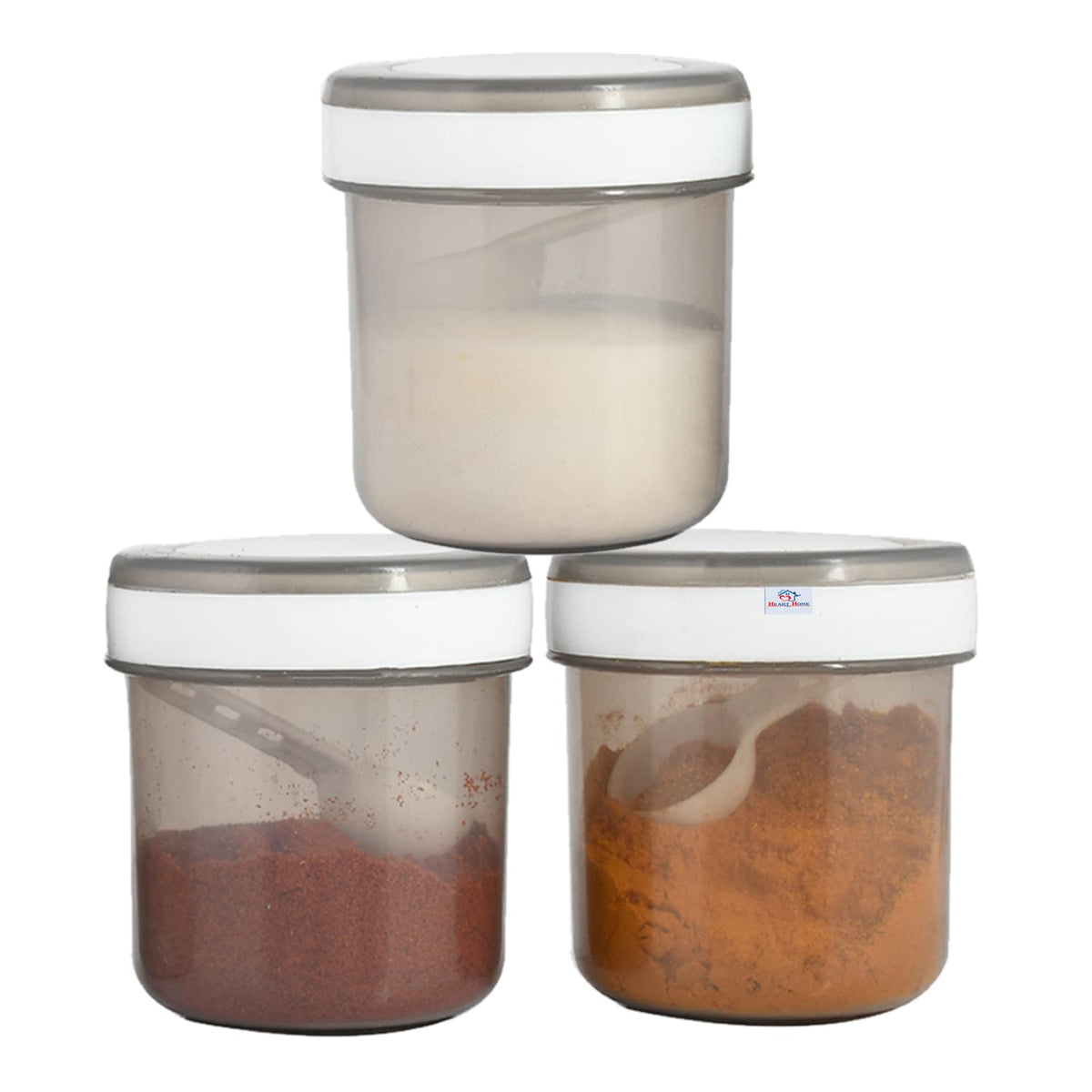 Heart Home Containers Set for Kitchen|BPA-Free Plastic 350 ML Storage Containers Set with Spoon for Kitchen Set of 3 (Gray)