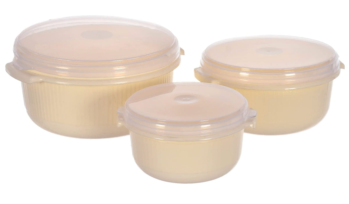 Kuber Industries 3 Piece Multiuses Plastic Serving/Mixing Bowls, Food Storage Containers Set With Lid, (3200ml, 1800ml, 1000ml) (Cream)-46KM0317