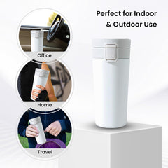 Kuber Industries Stainless Steel Insulated Coffee Tumbler with Sipper Lid 380 ML (White)