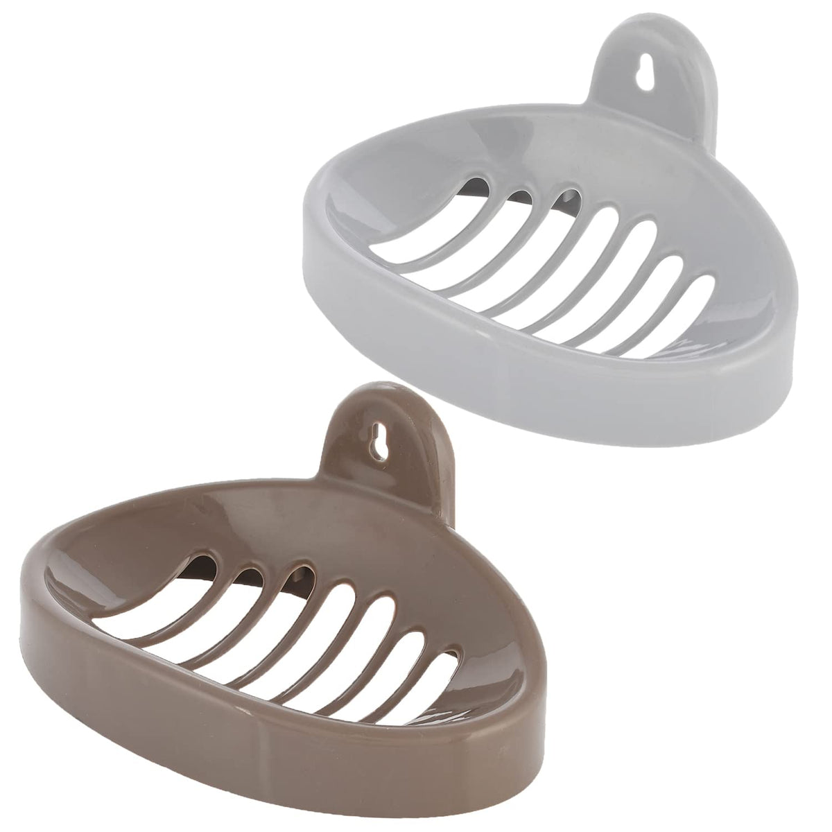 Kuber Industries Soap Holder|Sink Soap Holder|Plastic wall Mounted Soap Holder|Oval Shape Self Draining Soap Dish for Bathroom|Pack of 2 (Silver & Brown)