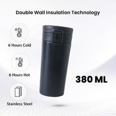 Homestic Stainless Steel Insulated Coffee Tumbler with Sipper Lid 380 ML (Black)