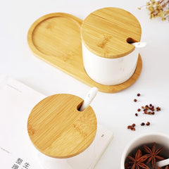 Heart Home Kitchen Storage Box | Spoon and Wooden Tray Spice Container | Round Condiment Jar for Home | Air-Tight Bamboo Lid Kitchen Set | Set of 2 | BK02WT | 250 ML | White