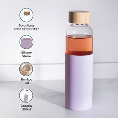 Kuber Industries Water Bottle|Glass Bottle|Sleeve Protection Bottle|Bamboo Lid Water Bottle|Travel Round Bottle|XB5501-PURP|550 ML|Set of 6|Purple