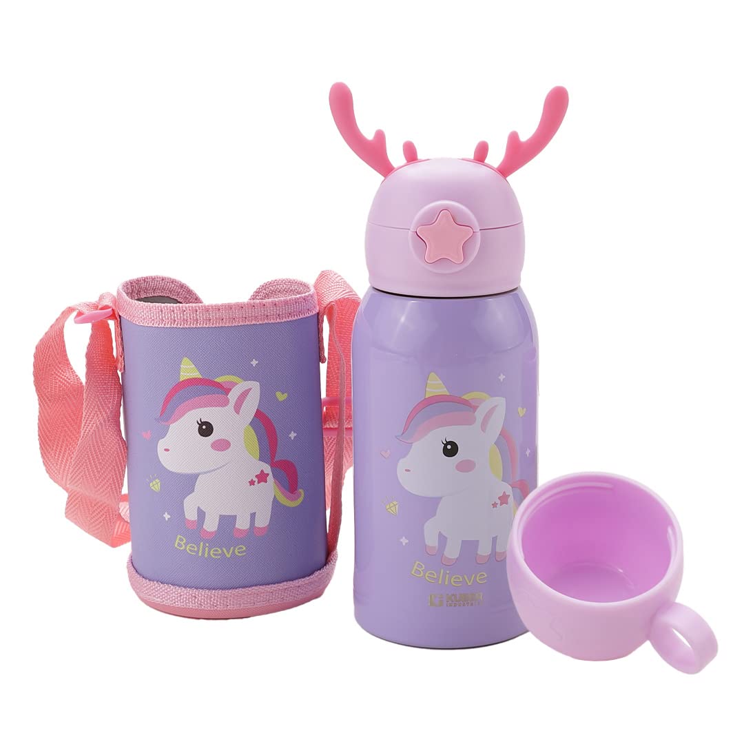 Heart Home Water Bottle for Kids|Unicorn Design Stainless Steel Flask with Straw, Cup & Fabric Cover|Sipper Bottle for Kids|Food Grade Plastic Lid|Broad Fabric Strap|Leak Proof, BPA Free|500 ml