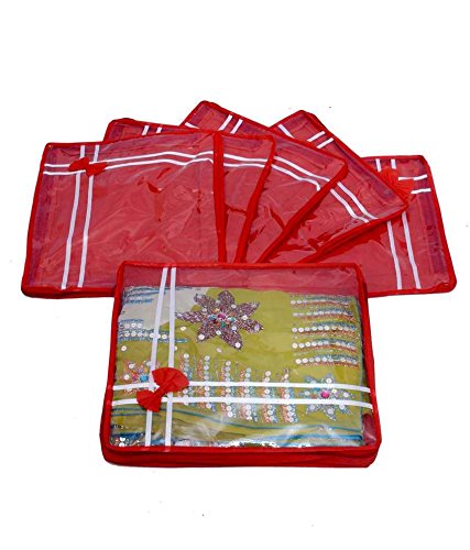 Kuber Industries 6 Piece Transparent Saree Cover, Red