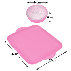 Heart Home Food Grade Microwave Safe Plastic 1 Square Tray & 4 Bowls Set with Silicon Rubberized Ring Lid (Pink)-50HH01378