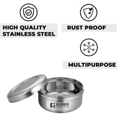 Kuber Stainless Steel Flat Kitchen Container Set | Rust Proof & Durable | Multipurpose, Easy to Clean, Sturdy & Stackable | Kitchen Storage Containers Set of 2 - Assorted