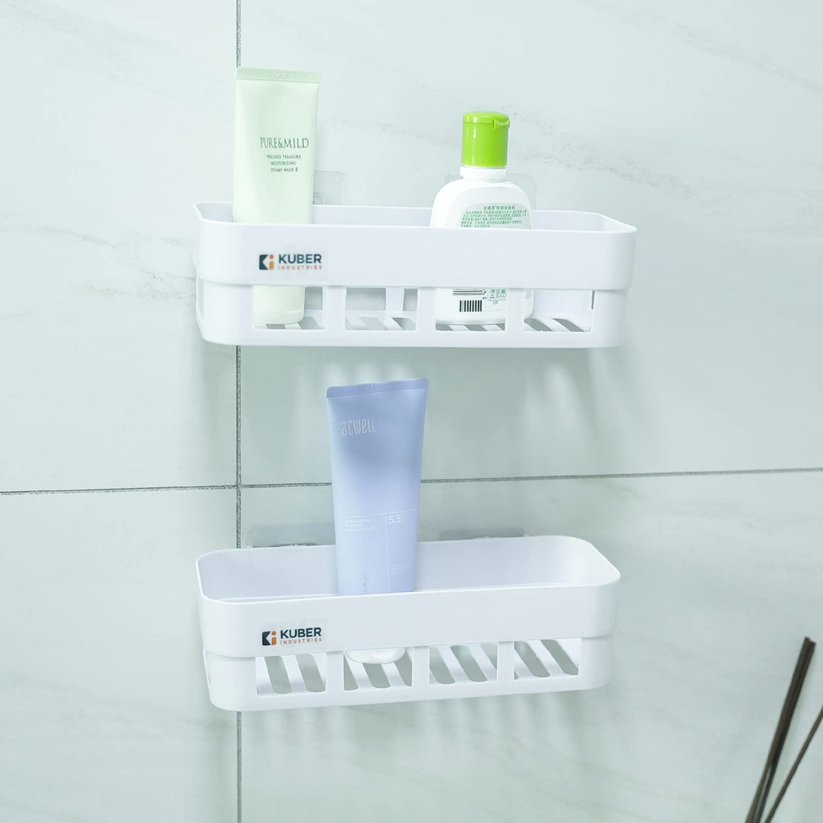 Kuber Industries Bathroom & Kitchen Organizer | Durable & Non-Toxic | Self-Adhesive | Drainage Holes | Multipurpose Set of Storage Racks & Shelves | Pack of 2 | White