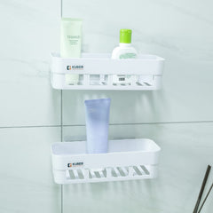 Kuber Industries Bathroom & Kitchen Organizer | Durable & Non-Toxic | Self-Adhesive | Drainage Holes | Multipurpose Set of Storage Racks & Shelves | Pack of 2 | White