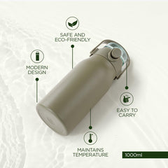 Homestic Water Bottle | Vacuum Insulated Travel Bottle | Hot & Cold Water Bottle | Sipper Lid & Handle Water Bottle | 1000 ML | Pack of 2 | HH-22111D | Green