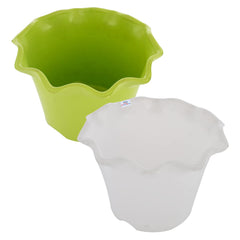Heart Home Blossom Flower Pot|Durable Plastic Flower Pot|Gamla with Drain Holes for Home Décor|Balcony|Garden|8 Inch|Pack of 2 (White & Green)