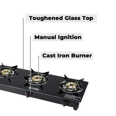 Kuber Industries Gas Stove 3 Burners | Highly Quality Glass Top, Manual Ignition & Cast Iron Burner | Easy to Clean, Wobble Free Pan Support Stand | Break Resistant | Compact & User-Friendly Design