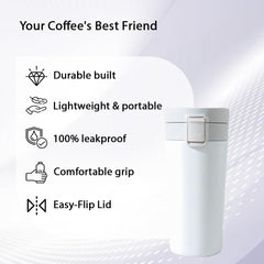 Kuber Industries Stainless Steel Insulated Coffee Tumbler with Sipper Lid 380 ML (White)