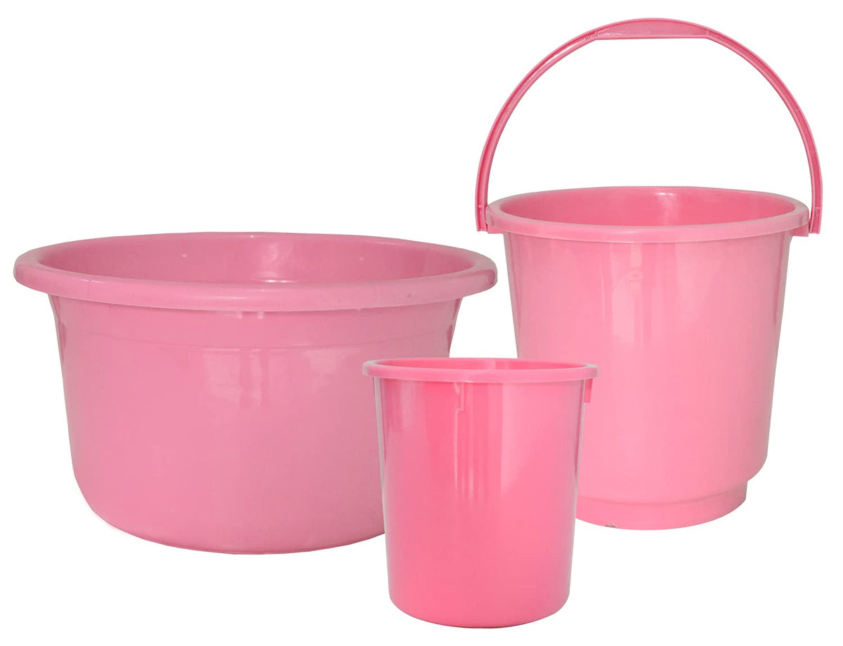 Kuber Industries 3 Pieces Plastic Bucket, Dustbin & Tub Set (Pink)