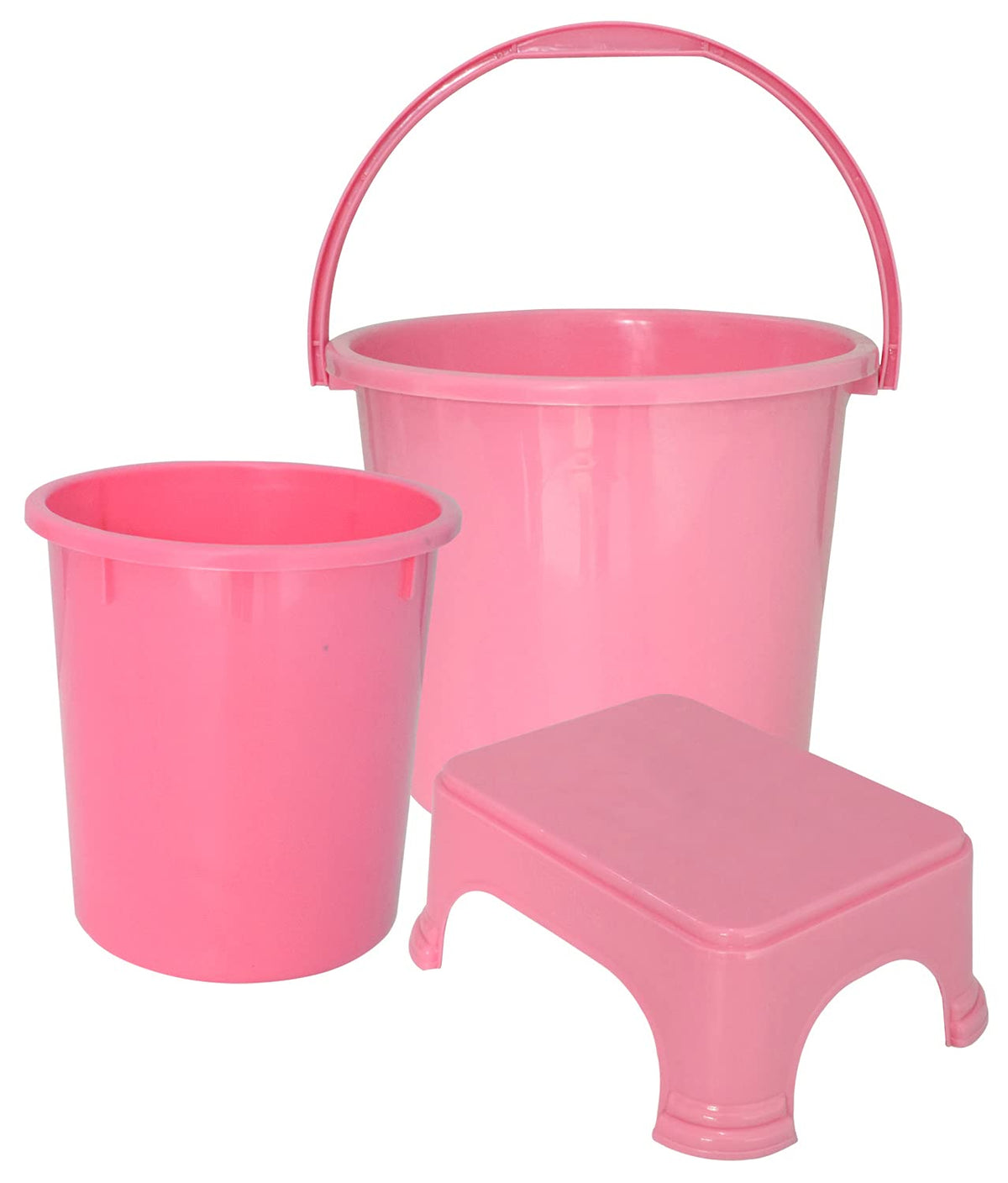 Kuber Industries 3 Pieces Plastic Bucket, Dustbin & Stool Set (Pink)