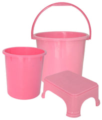 Kuber Industries 3 Pieces Plastic Bucket, Dustbin & Stool Set (Pink)