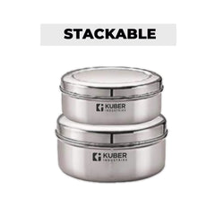Kuber Stainless Steel Flat Kitchen Container Set | Rust Proof & Durable | Multipurpose, Easy to Clean, Sturdy & Stackable | Kitchen Storage Containers Set of 2 - Assorted