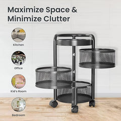 Kuber Industries 3-Layer Kitchen Trolley | 360? Rotating Storage Rack | Round Storage Rack with Wheels | Fruit and Vegetable Storage for Kitchen | Pack of 6 | (Black)