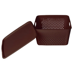 Heart Home Netted Design Unbreakable Multipurpose Square Shape Plastic Storage Baskets with lid Large (Brown)