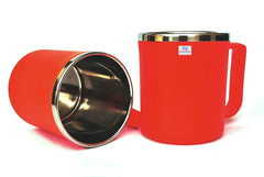 Heart Home Medium Size Plastic Steel Cups for Coffee Tea Cocoa, Camping Mugs with Handle, Portable & Easy Clean, Set of 2 (Red)