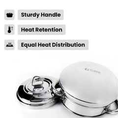 Kuber Industries Stainless Steel Handi Casserole Set of 3 with Lid I Cook and Serve I 600 ml, 1 Litre, 1.6 Litre Capacity I Biryani Handi, Saucepan, Silver I Patila/Tope for Kitchen Combo of 3