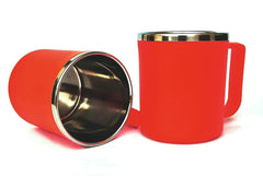 Heart Home Medium Size Plastic Steel Cups for Coffee Tea Cocoa, Camping Mugs with Handle, Portable & Easy Clean, Set of 2 (Green & Red)