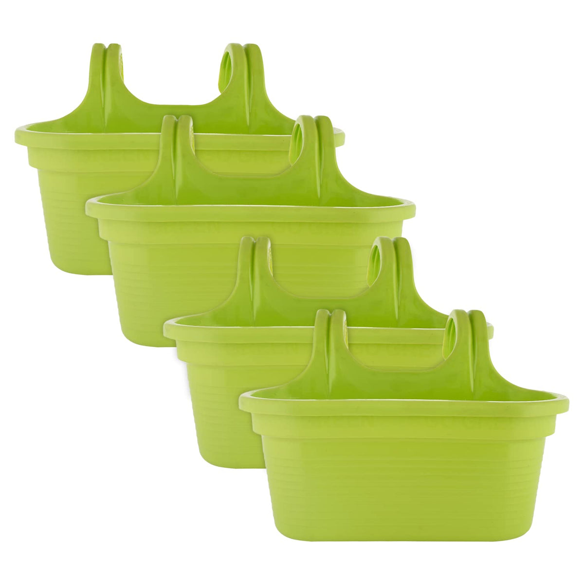 Kuber Industries Hanging Flower Pot|Double Hook Plant Container|Durable Plastic Glossy Finish Pots for Home|Balcony|Garden|12 Inch|Pack of 4 (Green)