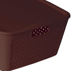 Heart Home Netted Design Unbreakable Multipurpose Square Shape Plastic Storage Baskets with lid Large (Brown)