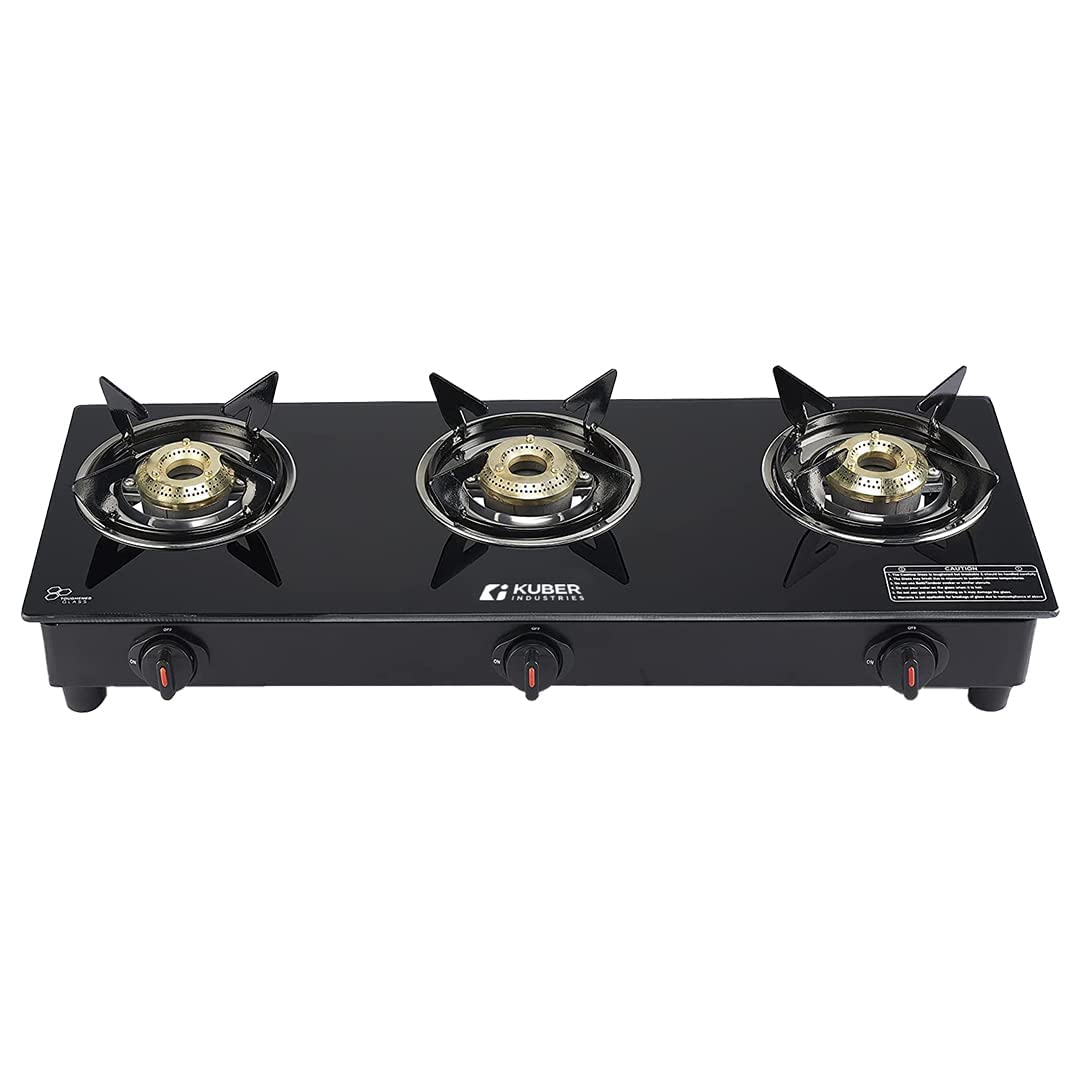 Kuber Industries Gas Stove 3 Burners | Highly Quality Glass Top, Manual Ignition & Cast Iron Burner | Easy to Clean, Wobble Free Pan Support Stand | Break Resistant | Compact & User-Friendly Design