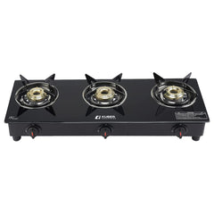 Kuber Industries Gas Stove 3 Burners | Highly Quality Glass Top, Manual Ignition & Cast Iron Burner | Easy to Clean, Wobble Free Pan Support Stand | Break Resistant | Compact & User-Friendly Design