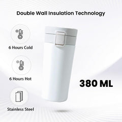 Kuber Industries Stainless Steel Insulated Coffee Tumbler with Sipper Lid 380 ML (White)