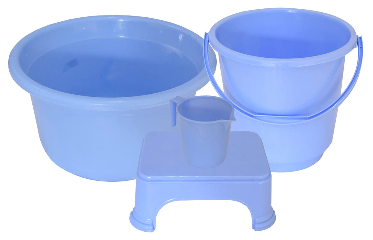 Kuber Industries 4 Pieces Plastic Bucket, Stool, Mug & Tub Set (Blue)