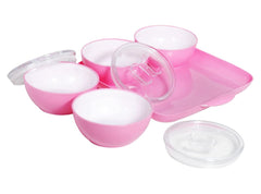 Heart Home Food Grade Microwave Safe Plastic 1 Square Tray & 4 Bowls Set with Silicon Rubberized Ring Lid (Pink)-50HH01378