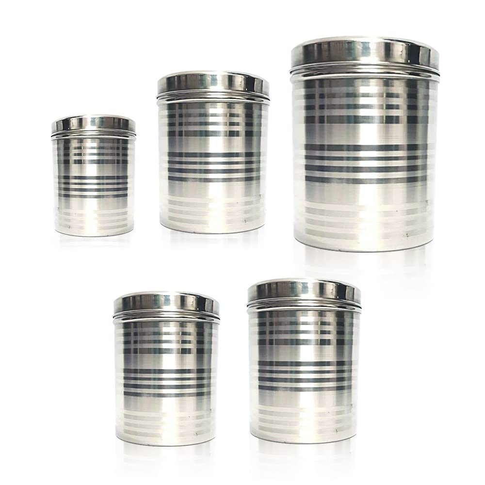 Kuber Stainless Steel Kitchen Containers Set | Durable & Stackable | Wobble Free, Easy to Clean & Multipurpose | Kitchen Storage Container Set of 5 - Assorted