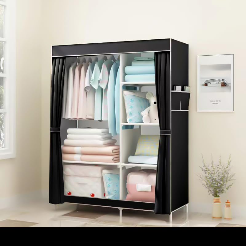 Kuber Industries Foldable Wardrobe for Clothes|Non Woven 2 Door Portable Clothes Rack|4 Shelves Almirah for Clothes (Black)