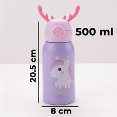 Heart Home Water Bottle for Kids|Unicorn Design Stainless Steel Flask with Straw, Cup & Fabric Cover|Sipper Bottle for Kids|Food Grade Plastic Lid|Broad Fabric Strap|Leak Proof, BPA Free|500 ml