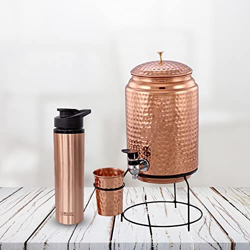 Kuber Copper Water Bottle & Water Dispenser Combo Set|with Added Health Benefits of Copper|Ergonomic Design & Easy to Clean|Pack of 2|5 Liters & 750 ML|Copper