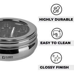 Kuber Industries 7 in 1 Stainless Steel Belly Shape Masala (Spice) Box I 7 Containers and Spoon I See Through Lid I Masala Daani/Dabba for Kitchen I Silver, Large (1250 ml)