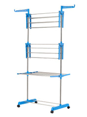 Heart Home Stainless Steel Foldable Rolling 3-Tier Clothes Dryer Rack For Home/Indoor/Outdoor/Balcony With Wheel (Blue)