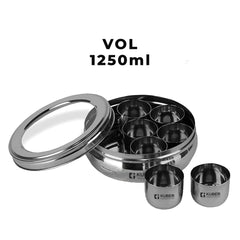 Kuber Industries 7 in 1 Stainless Steel Belly Shape Masala (Spice) Box I 7 Containers and Spoon I See Through Lid I Masala Daani/Dabba for Kitchen I Silver, Large (1250 ml)