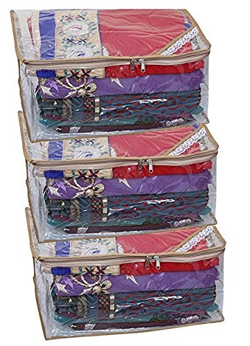 Kuber Industries 3 Piece PVC Saree Cover Set, Golden, Standard (SC0929)