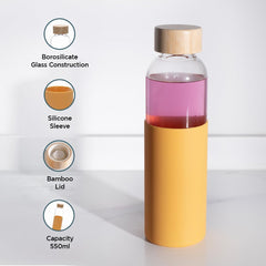 Urbane Home Water Bottle | Glass Bottle | Sleeve Protection Bottle | Bamboo Lid Water Bottle | Travel Round Bottle | XB5501-YEL | 550 ML | Set of 6 | Yellow