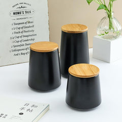 Urbane Home Ceramic Jar | Food Storage Jar | Kitchen Storage Jar | Round Jar for Home | Sugar Storage Jar | Airtight Bamboo Lid | YX04-3-BK | 3 Piece Set | 500 | 700 | 850 ML | Black