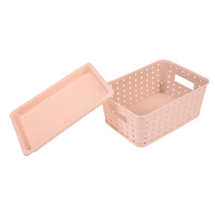 Kuber Industries BPA Free Attractive Design Multipurpose Small Trendy Storage Basket With Lid|Material-Plastic|Color-Gray,Beige|Pack of 2