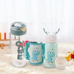 Kuber Kids Water Bottle Combo Set|Sipper Bottle for Kids|1 Piece Dino Design Stainless Steel Water Bottle|1 Piece Food Grade Plastic Bottle|420 & 500 ML|PACK Of 2 | Green & Grey