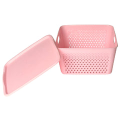 Heart Home Netted Design Unbreakable Multipurpose Square Shape Plastic Storage Baskets with lid Large (Pink)